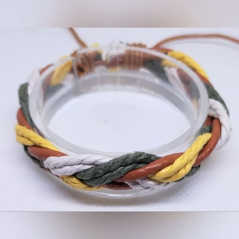 New leather bracelet braided brown yellow‎ white men's e91